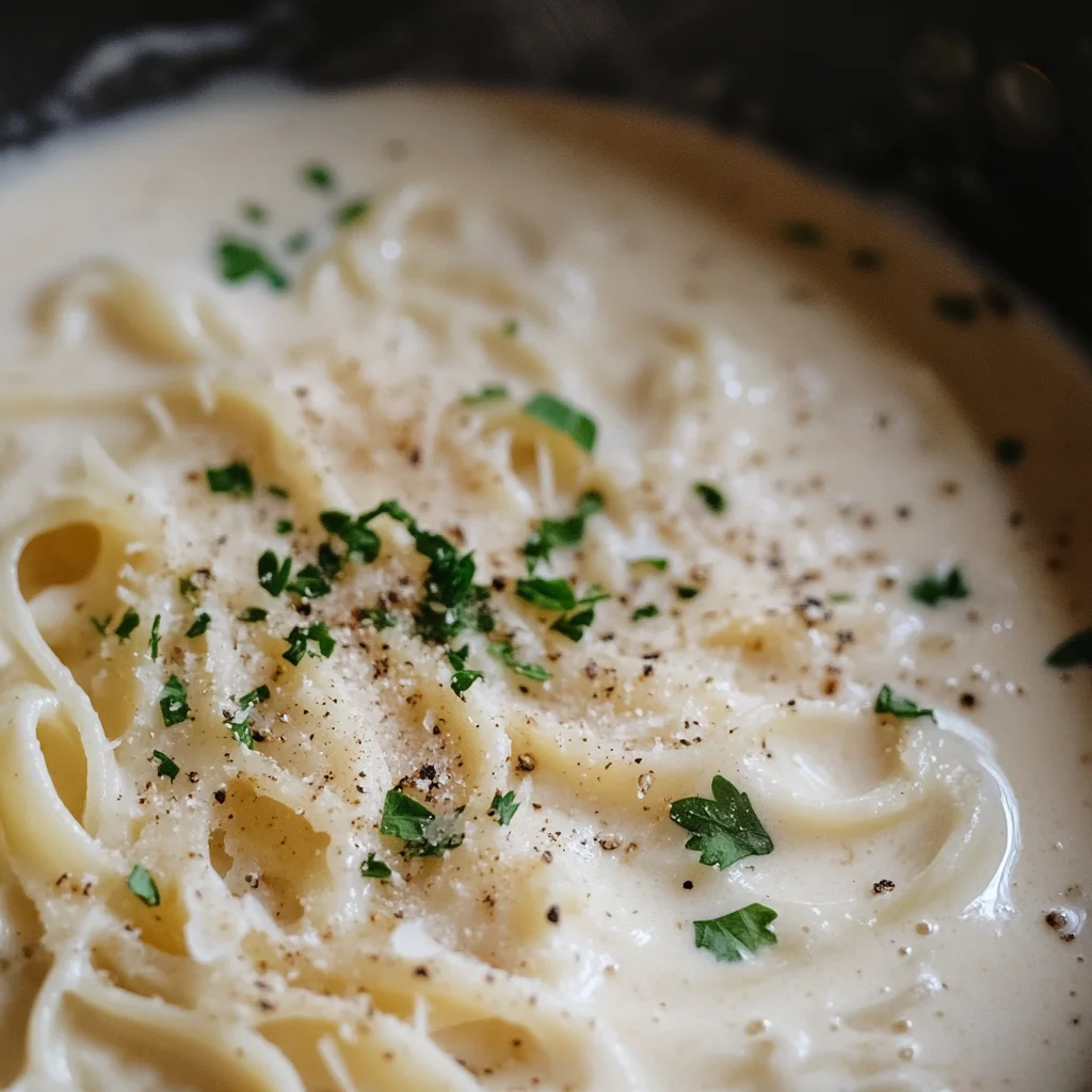 cooking dairy free fettuccine alfredo sauce in pan