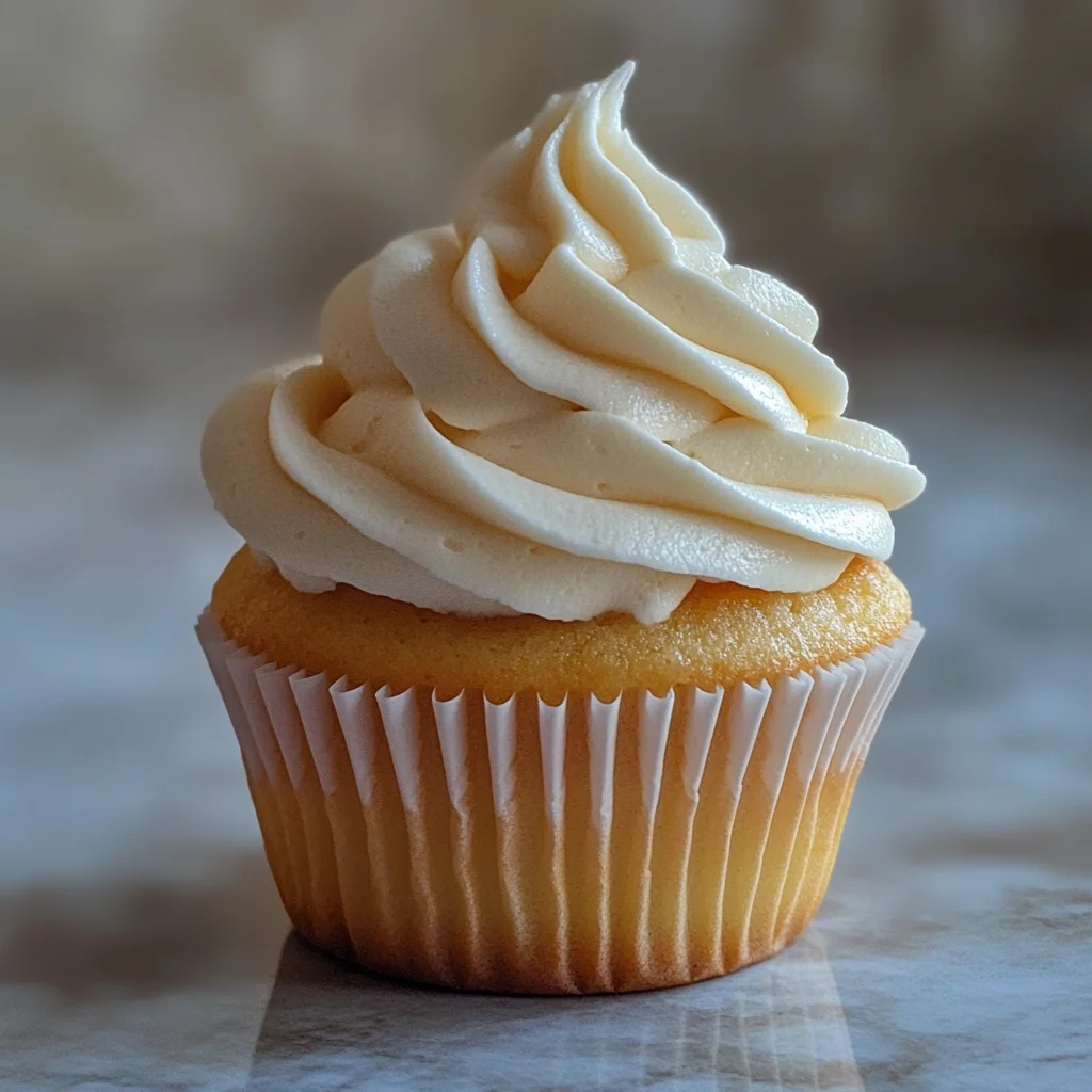 Dairy free frosting recipe piped onto vanilla cupcake