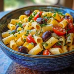 gluten free pasta salad in a Mediterranean bowl
