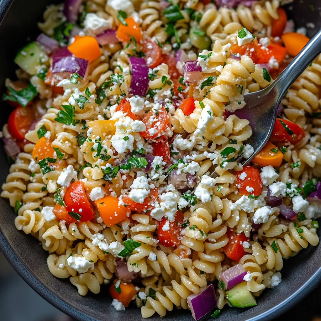 tossing gluten free pasta salad with vegetables