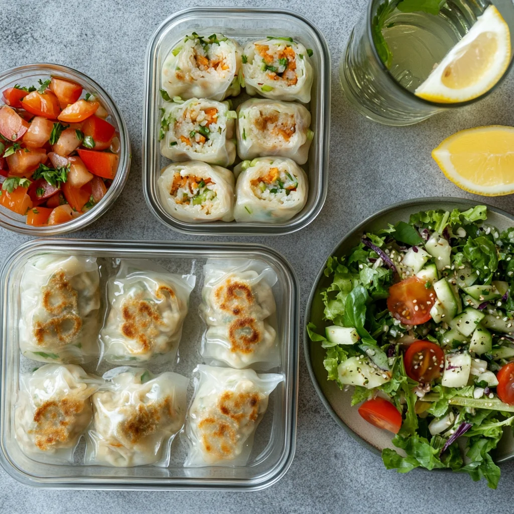 Healthy rice paper dumpling meal prep containers
