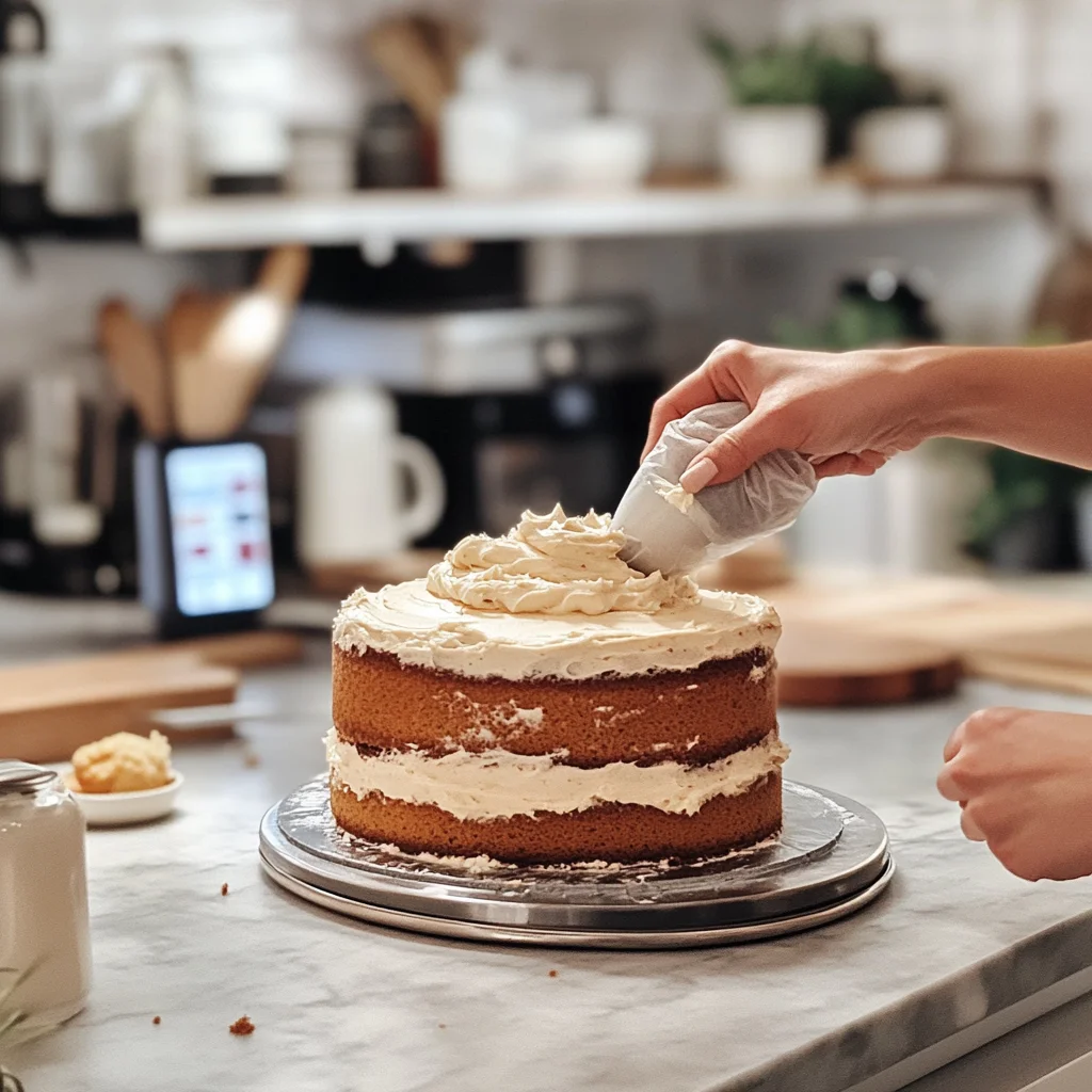 Piping dairy free frosting recipe onto cake