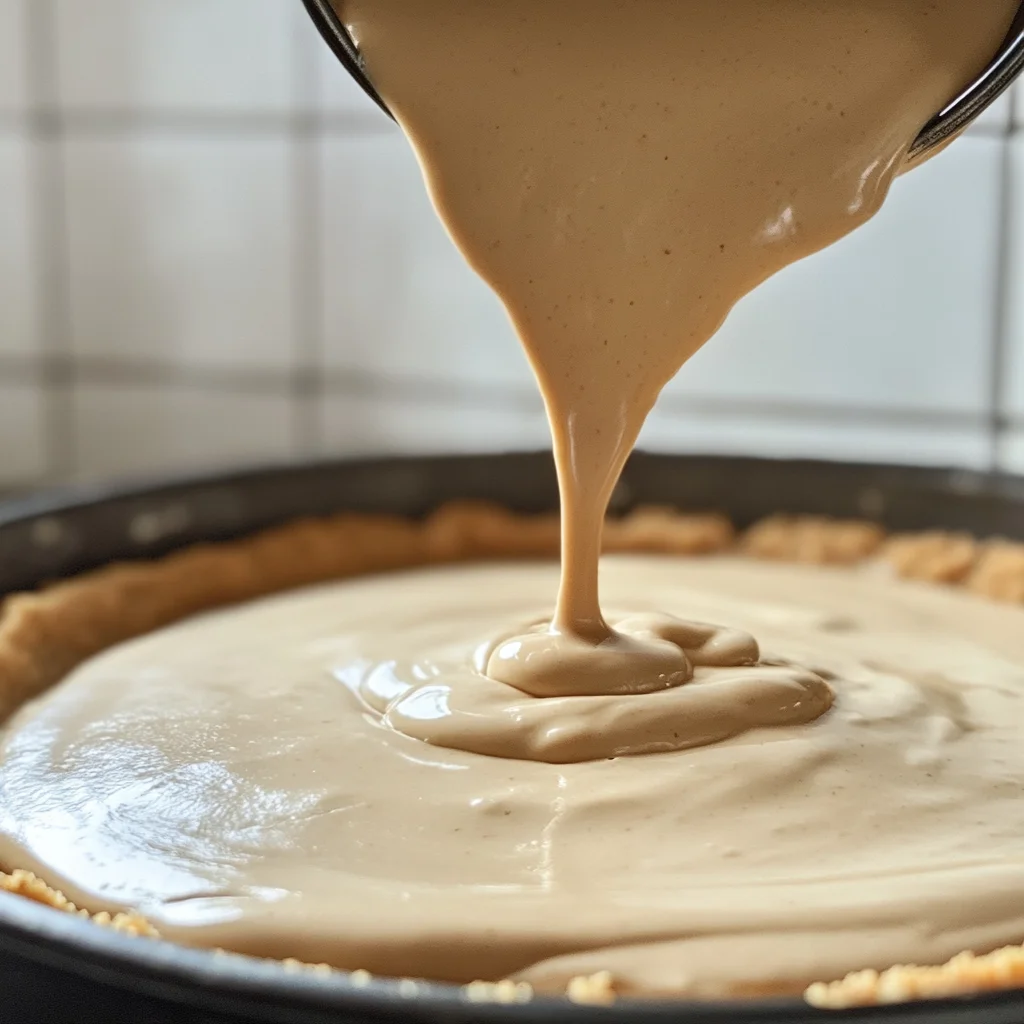 pouring dairy free cheesecake filling
