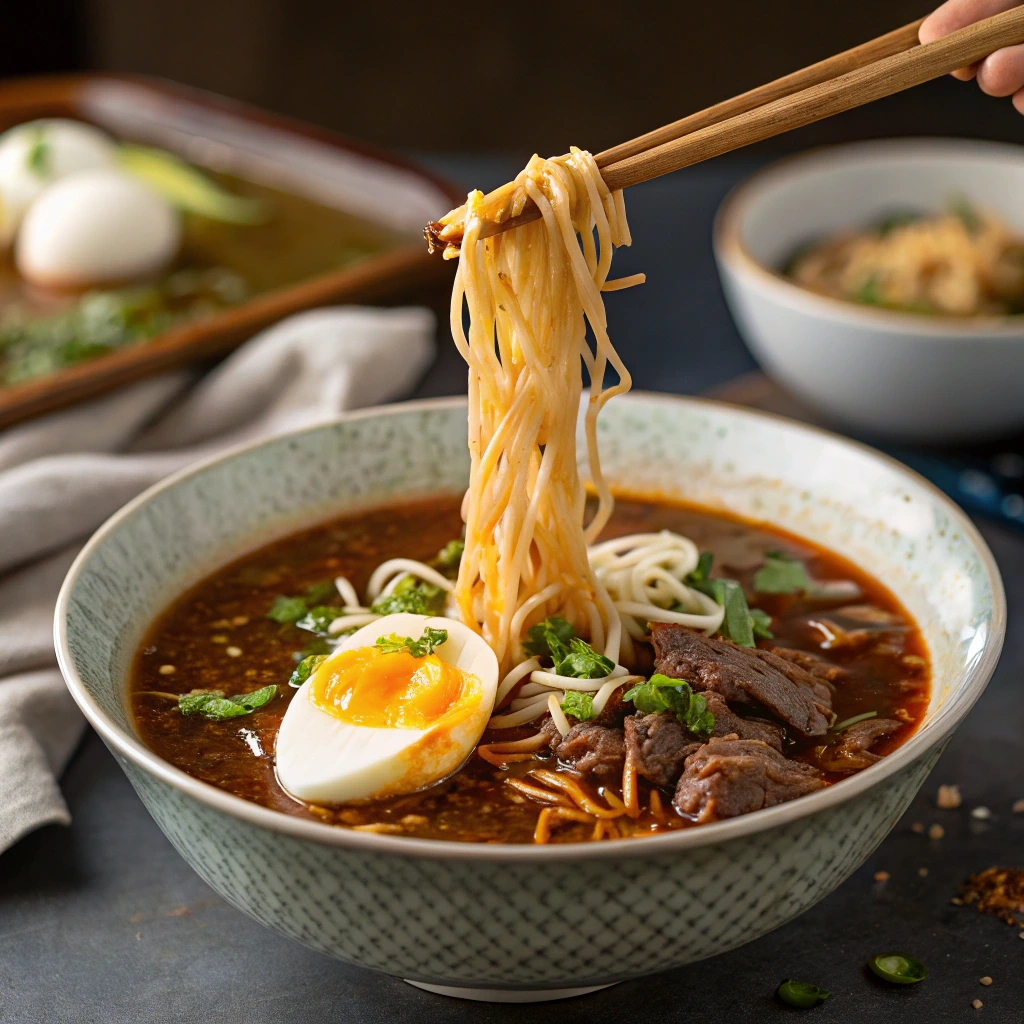 assembling birria ramen with noodles beef and broth