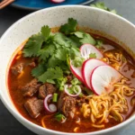 birria ramen in red consommé with fresh toppings