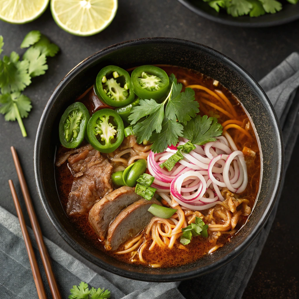 birria ramen toppings jalapeños onions lime