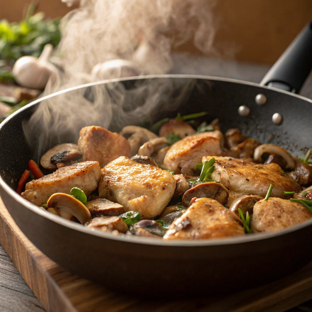 Chicken and mushrooms sautéed for creamy pasta